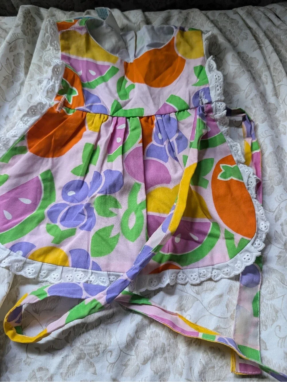 Colorful Vintage Kids smock with Fruit Pattern and Lace Trim Size 6-9 Months